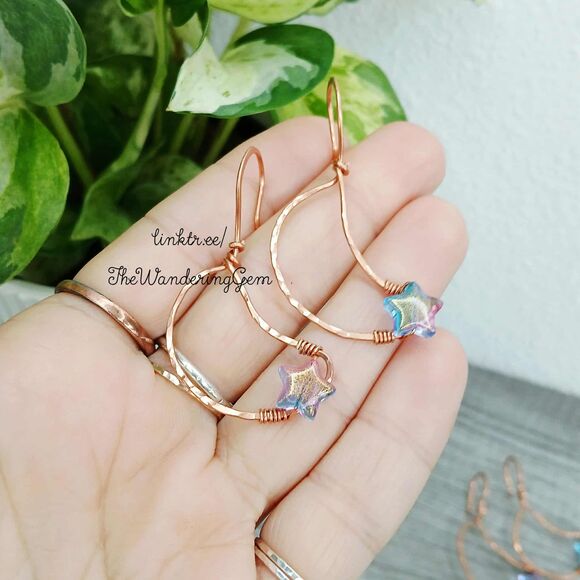 BOGO EARRINGS Upcycled Copper Star Beaded Crescent Moon Dangle Earrings, 2" - Picture 3 of 6